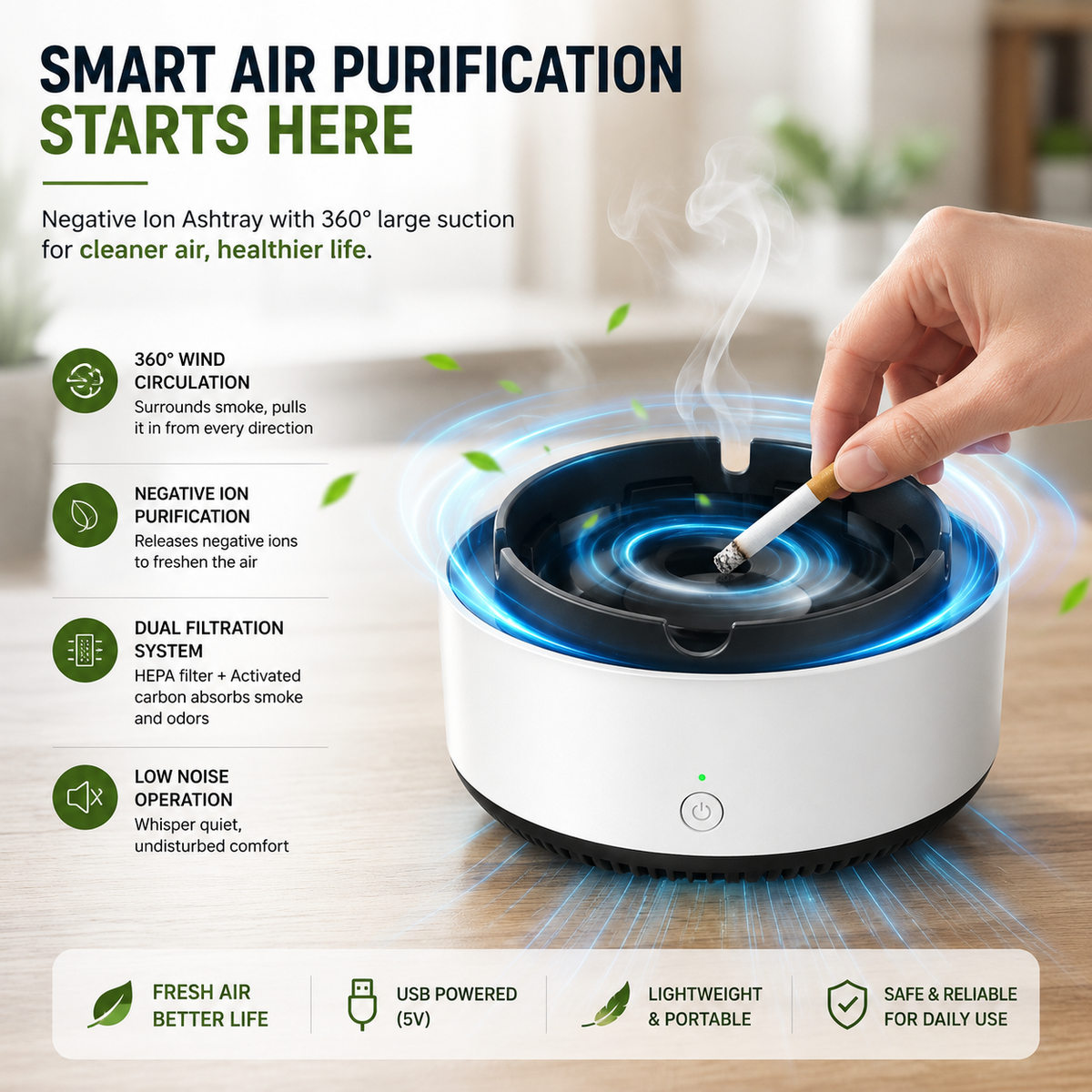 SMOKELESS ASHTRAY – 2 IN 1 AIR PURIFIER | SMOKE GRABBER ASH TRAY