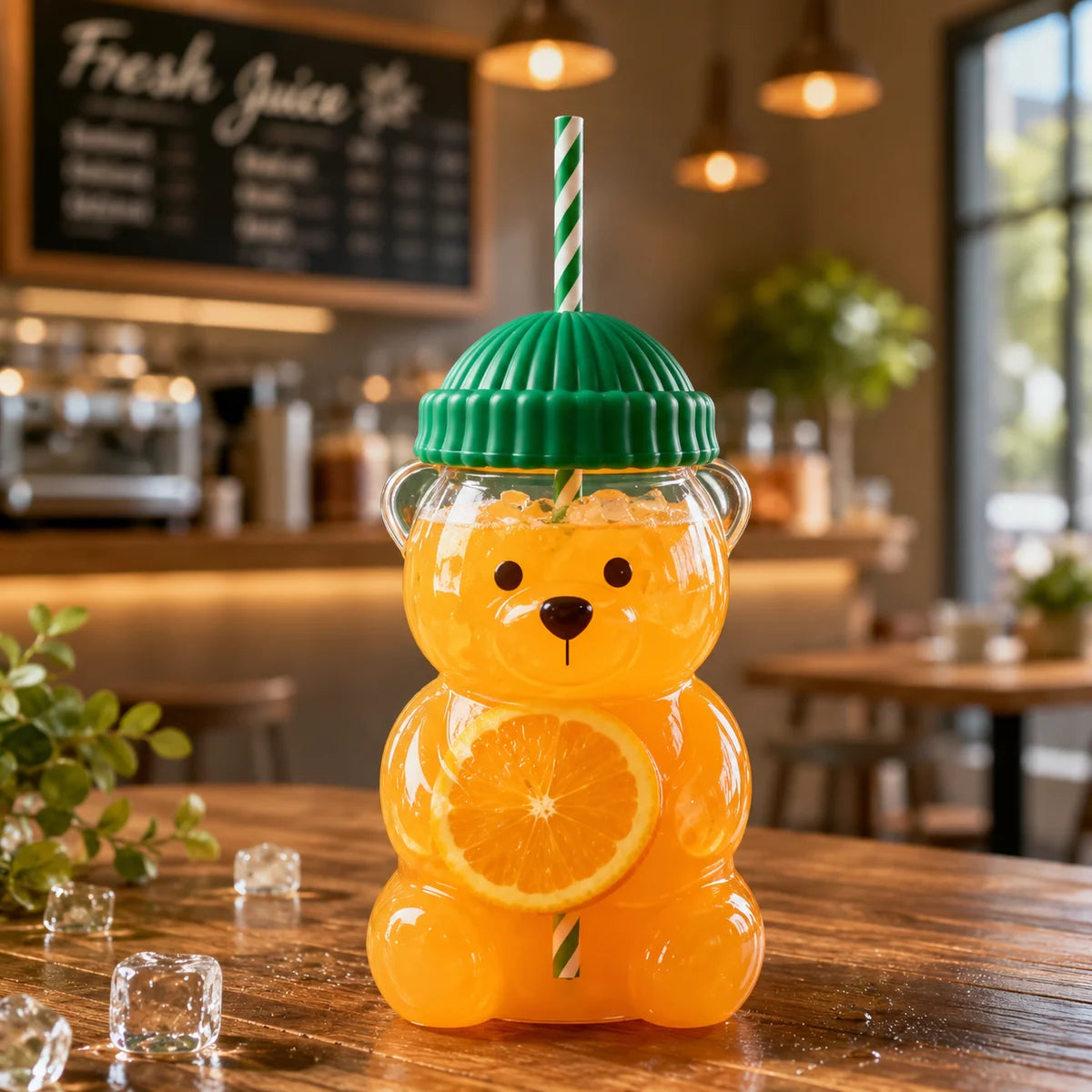 Bear Shape Glass Cup With Straw.