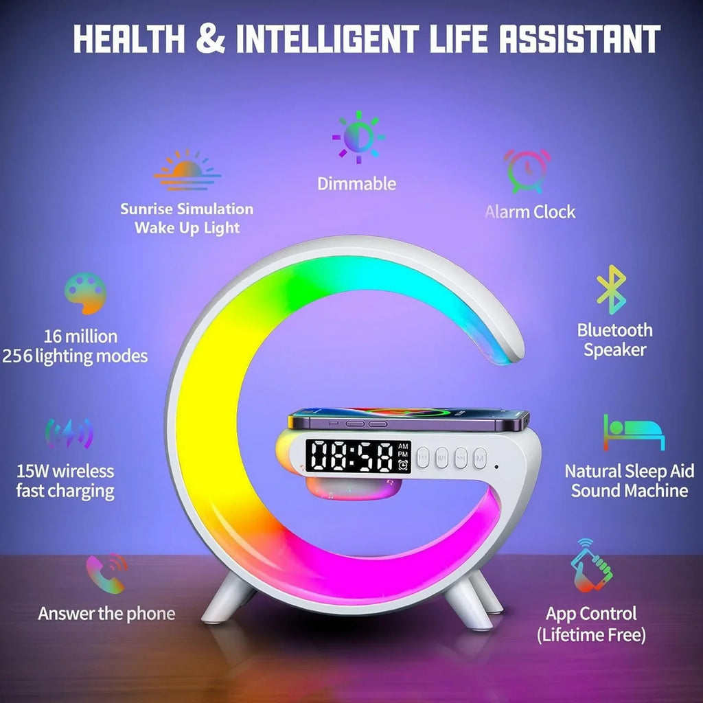 Wireless Charger Atmosphere Lamp,Bedside Lamp with Alarm Clock Bluetooth Speaker