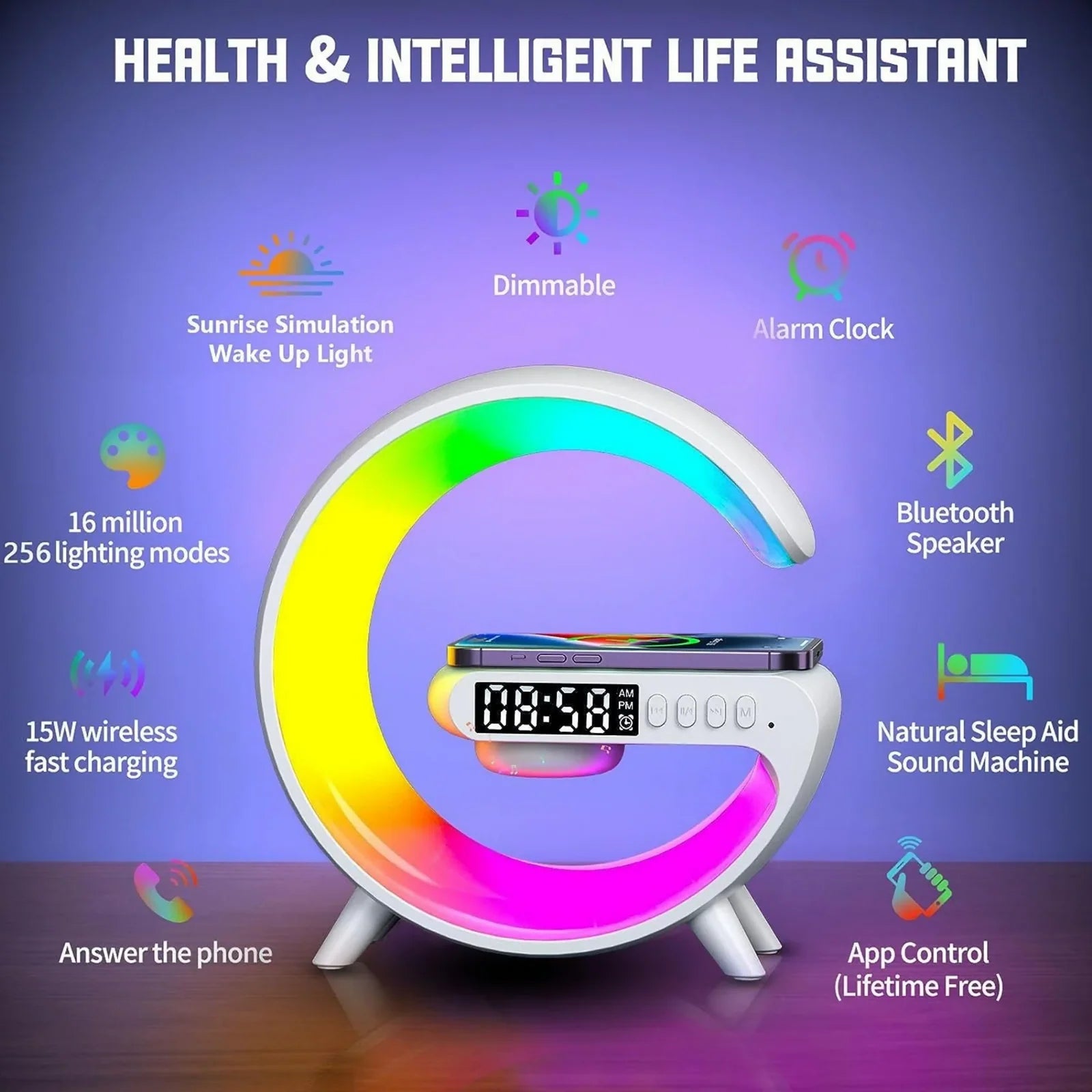 Wireless Charger Atmosphere Lamp,Bedside Lamp with Alarm Clock Bluetooth Speaker