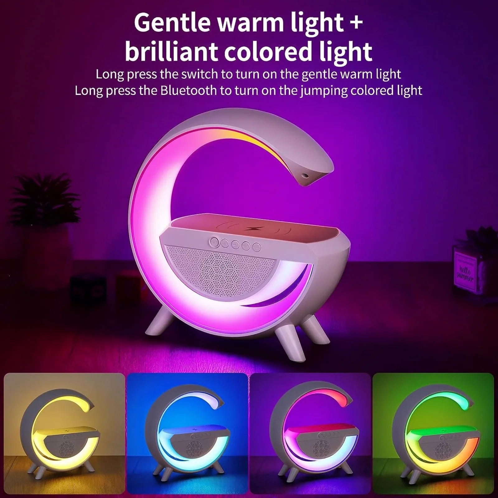 Wireless Charger Atmosphere Lamp,Bedside Lamp with Alarm Clock Bluetooth Speaker
