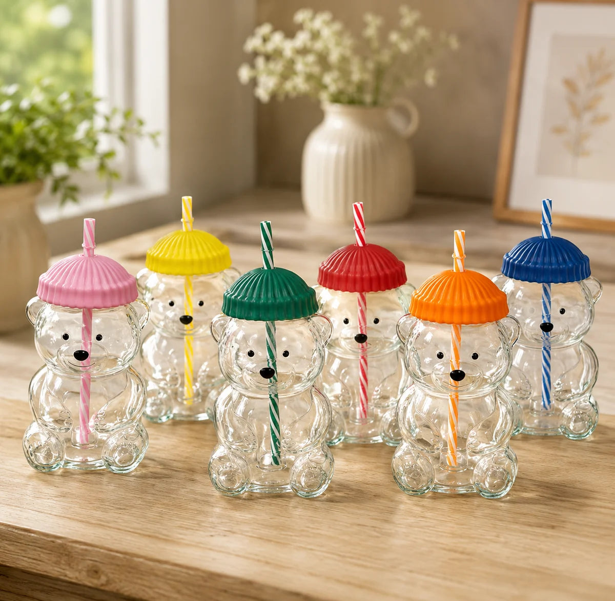 Bear Shape Glass Cup With Straw.
