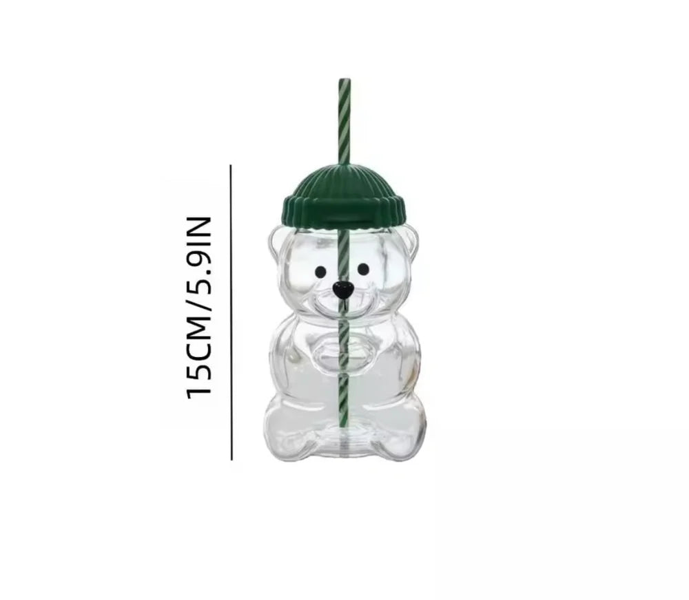 Bear Shape Glass Cup With Straw.