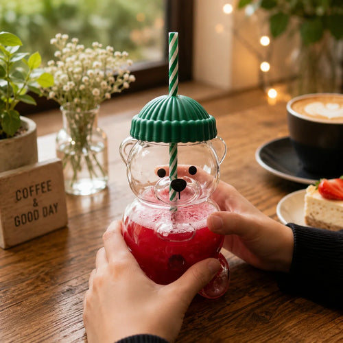 Bear Shape Glass Cup With Straw.