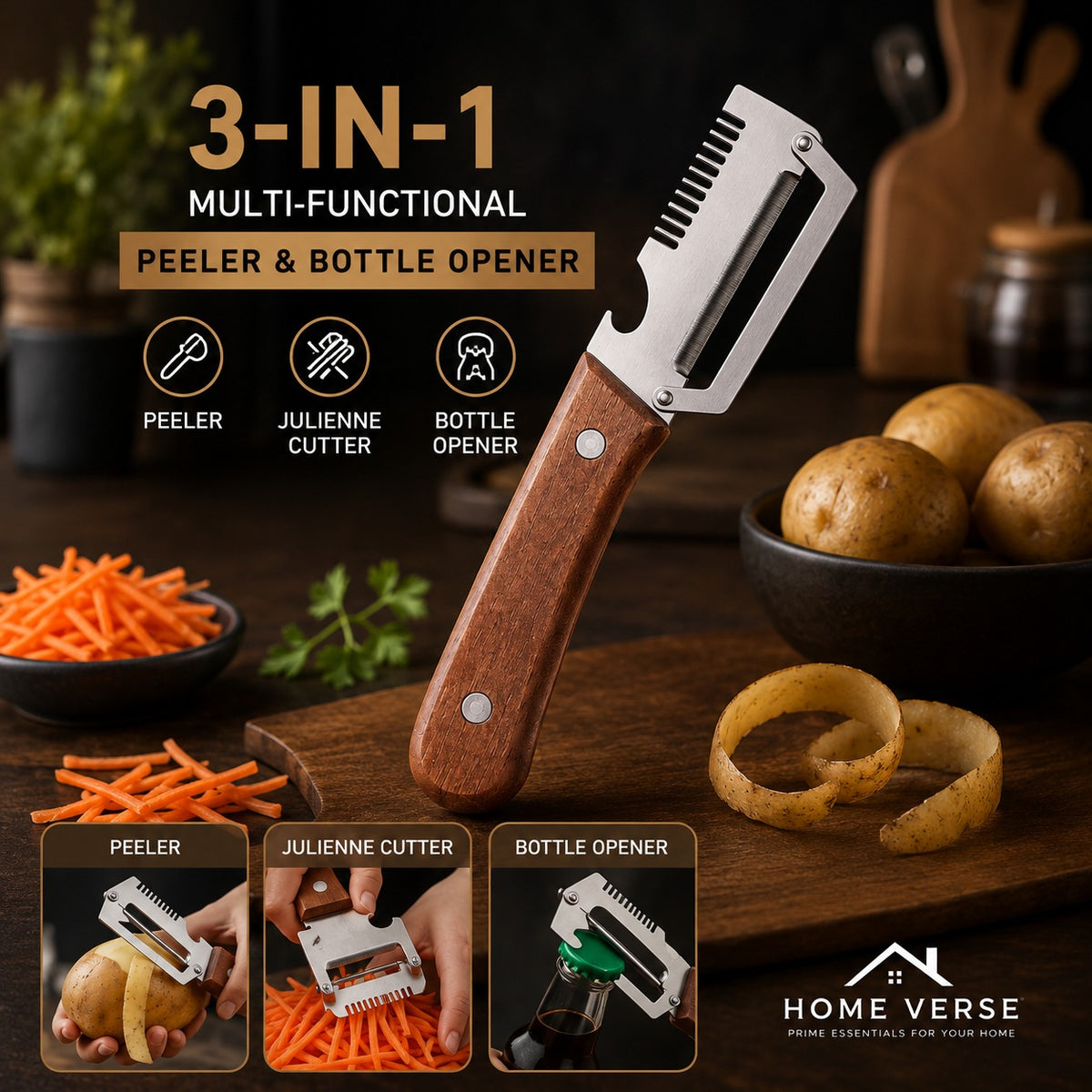Premium Vegetable Peeler with Wooden Handle and Bottle Opener